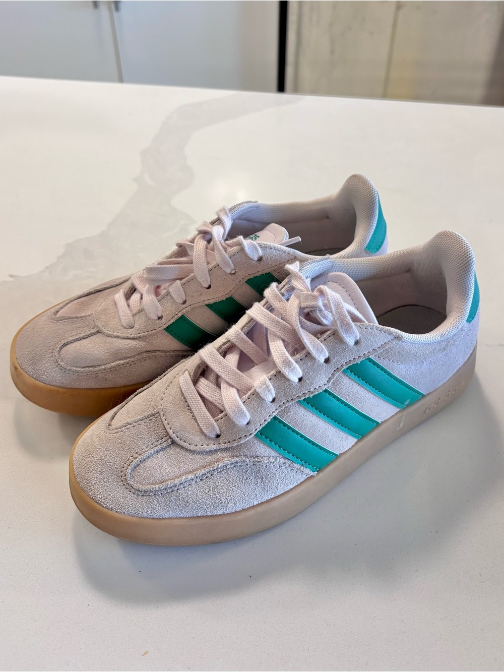 adidas Women's Light Pink Suede Sneakers with Green Stripes
